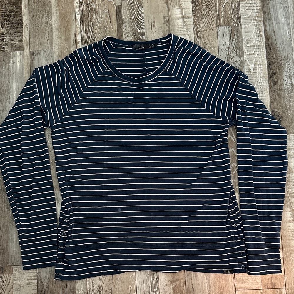 Prana Navy and White Striped Long Sleeve Top